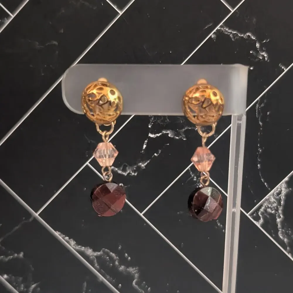 Vintage Birch Hill Clip On Earrings Brown Semi Precious Dangle - Fair Condition